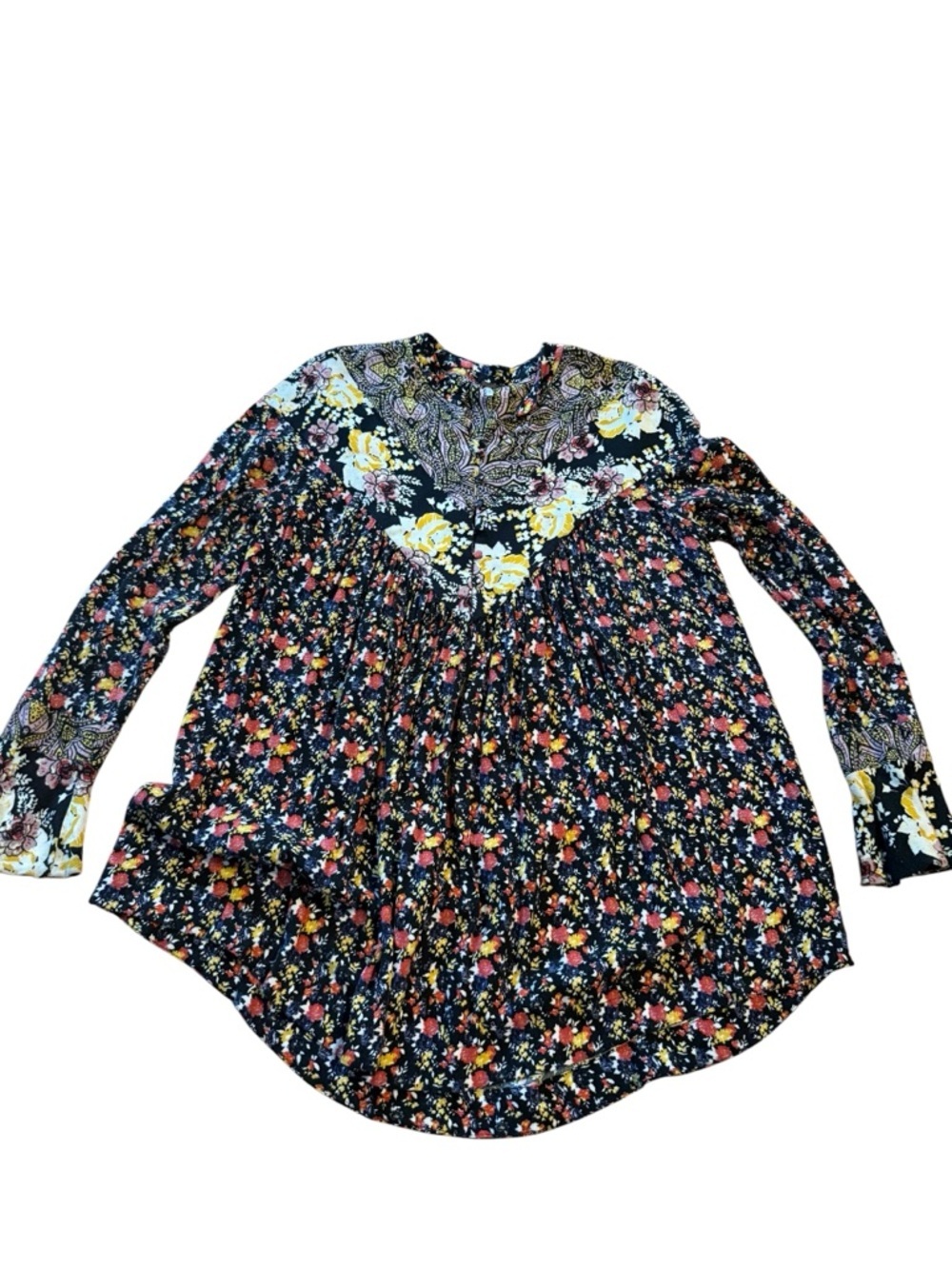Free people Boho Floral Mixed-Print Long Sleeve Tunic - Black, Yellow, Pink